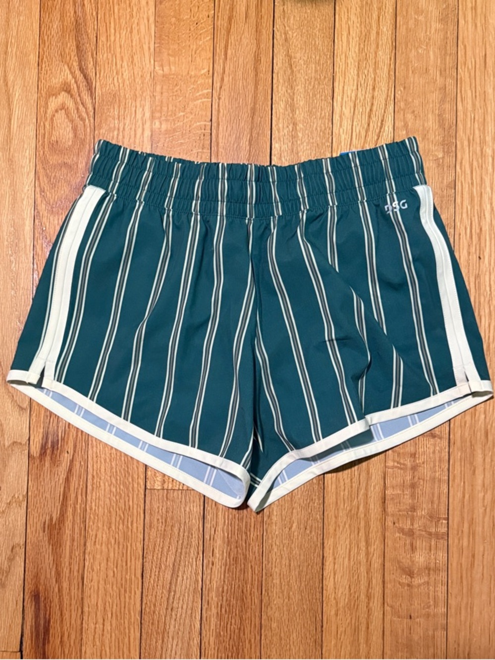 DSG Dark Green and Butter Yellow Striped Athletic Shorts with Butter Yellow Trim